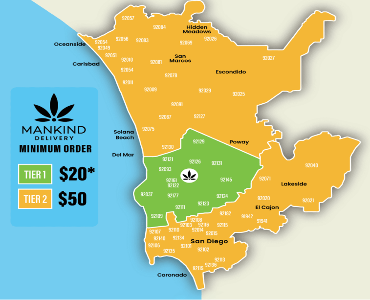 Map of Minimum Delivery Order for Each Cannabis Delivery Zone in the San Diego Region
